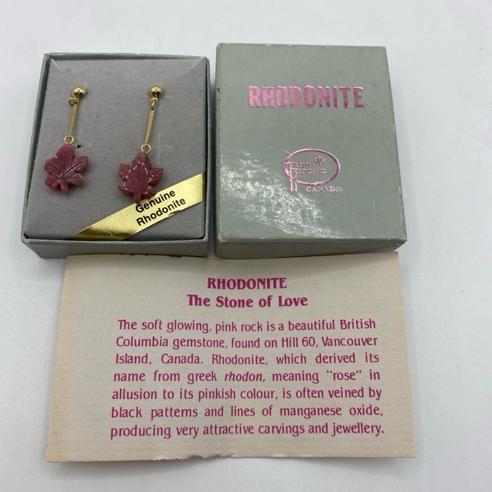 Gold Plated earrings with Carved pink Rhodonite leaves 1.5” - Picture 4 of 8